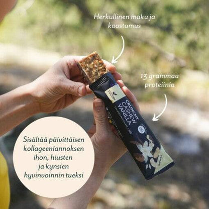 FoodIn Organic Collagen Protein Bar with Cashew and Vanilla flavor, 50g, packaged in a box of 12 from Organax Ltd.