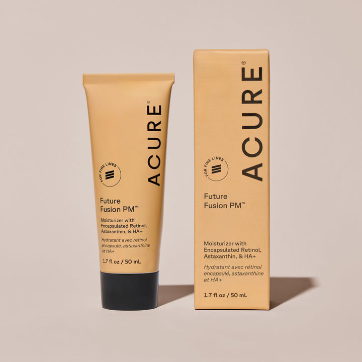 ACURE Future Fusion PM Moisturiser 50ml skin care product in a white jar with a blue and silver label, showcasing the moisturizer packaging.