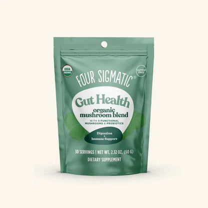 Organic Four Sigmatic Gut Health Mushroom Blend in 60g jar, featuring a mix of mushrooms for digestive support.