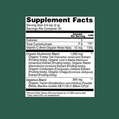 Four Sigmatic Organic Gut Health Mushroom Blend, 60g, showing the package with organic mushroom ingredients for digestive support.