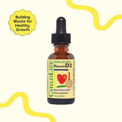 Childlife Essentials Vitamin D3 Berry liquid supplement in a 30ml glass bottle by Organax Ltd, featuring a colorful berry label and dropper.