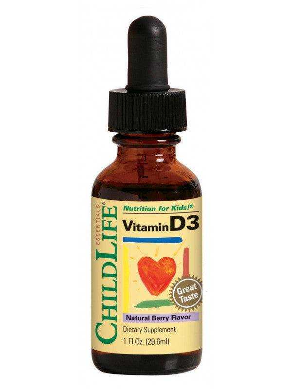 Childlife Essentials Vitamin D3 Berry supplement in a 30ml glass bottle, natural orange liquid with a child-friendly label.