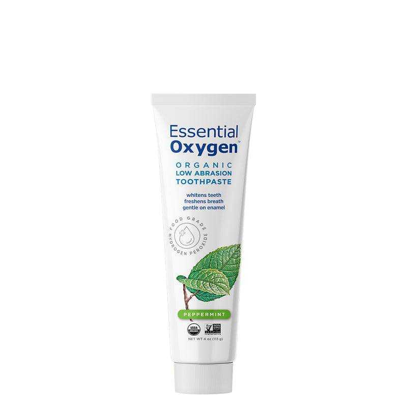 Organic Essential Oxygen low abrasion peppermint toothpaste in 113g tube, showing the toothpaste and packaging.