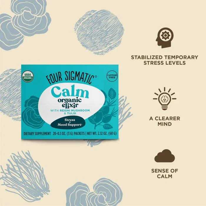 Four Sigmatic Organic Calm Elixir with Reishi Mushroom sachets by Organax Ltd, showing the product packaging and sachets.