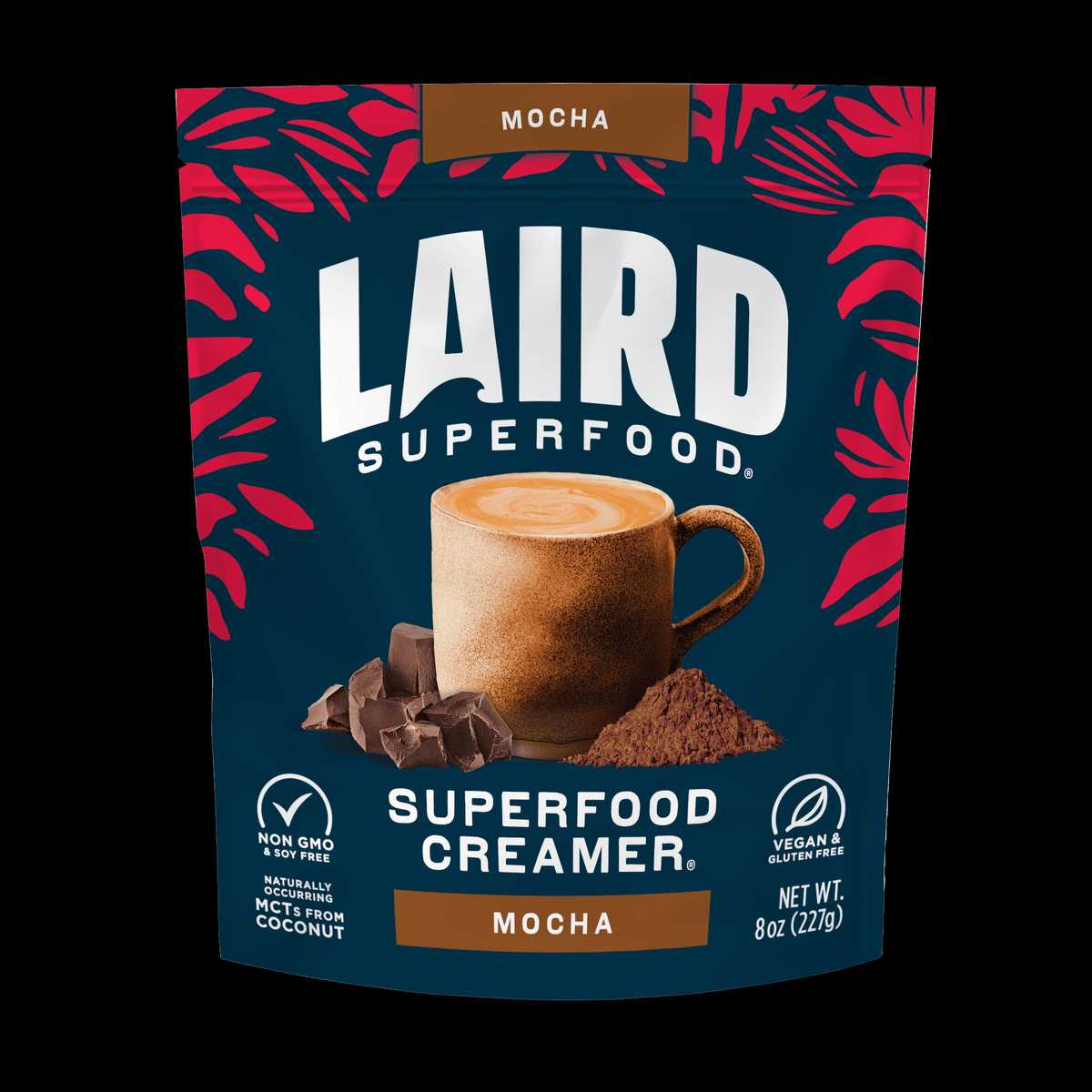 Laird Mocha Superfood Creamer by Organax Ltd in 227g jar, showing creamy mocha-flavored superfood creamer with a spoon and ingredients.
