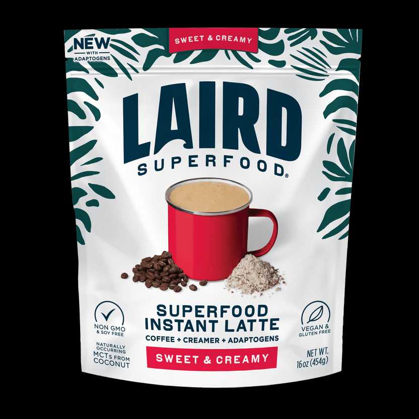 Laird Sweet & Creamy Instant Latte with Adaptogens in 227g jar, featuring a scoop and latte preparation scene
