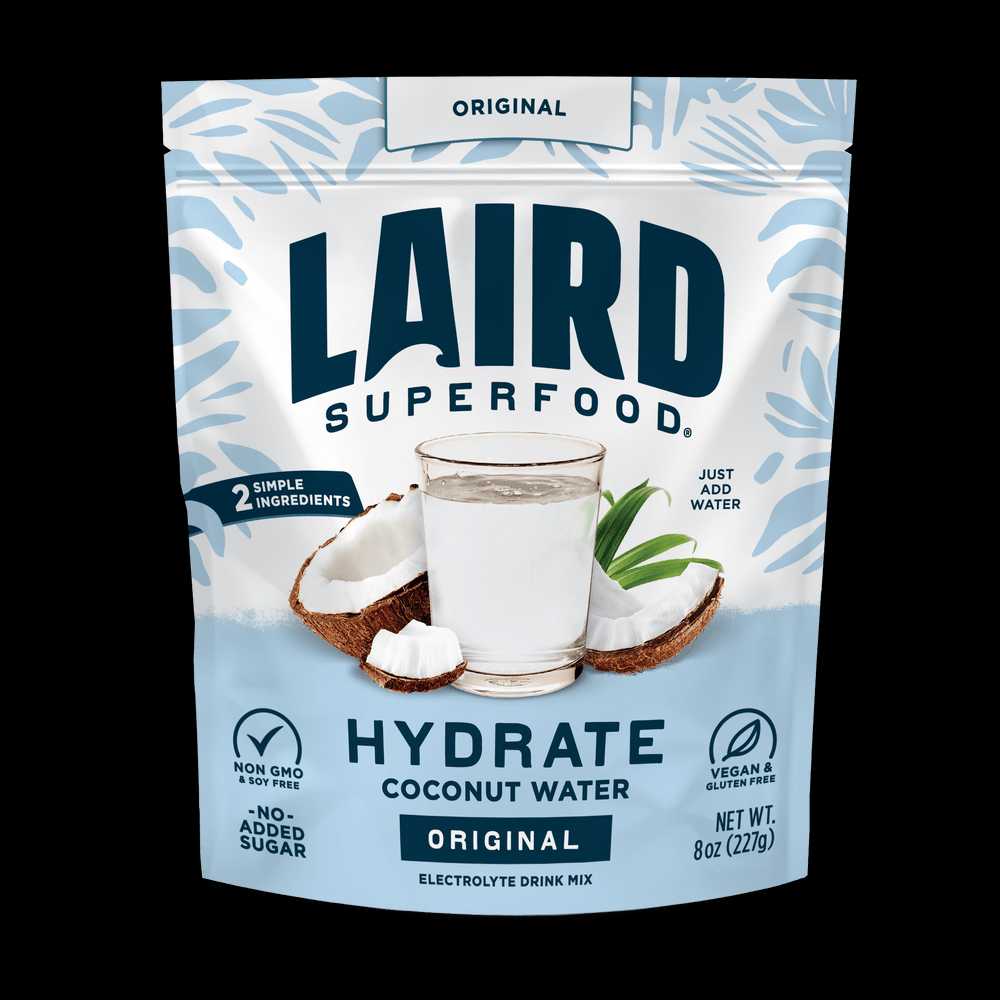 Coconut water in a 227g sachet from Laird Hydrate by Organax Ltd, showing a bright coconut and clear liquid inside a sealed package.
