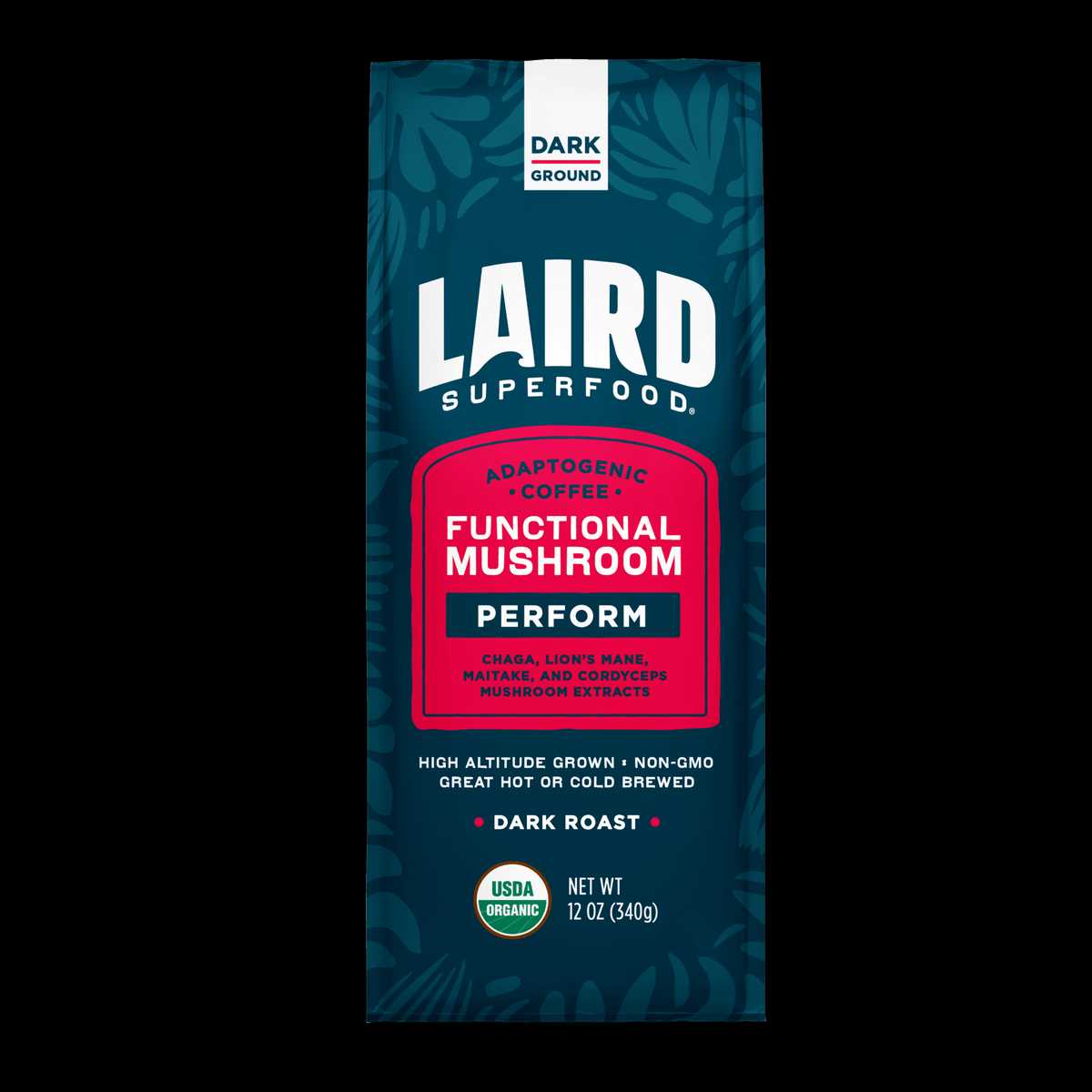 Laird Organic PERFORM mushroom coffee ground in dark roast, 340g package, featuring a steaming cup with mushrooms and coffee beans