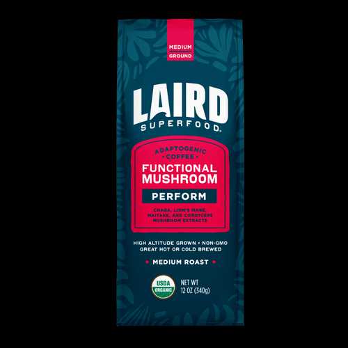 Organic Laird PERFORM mushroom coffee ground in a medium roast, 340g jar, showcasing the herbal blend in a natural setting.