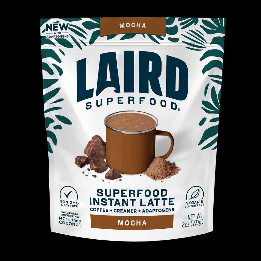 Laird Mocha Instant Latte with Adaptogens in 227g jar, showing creamy latte powder with mocha flavor and adaptogen herbs.