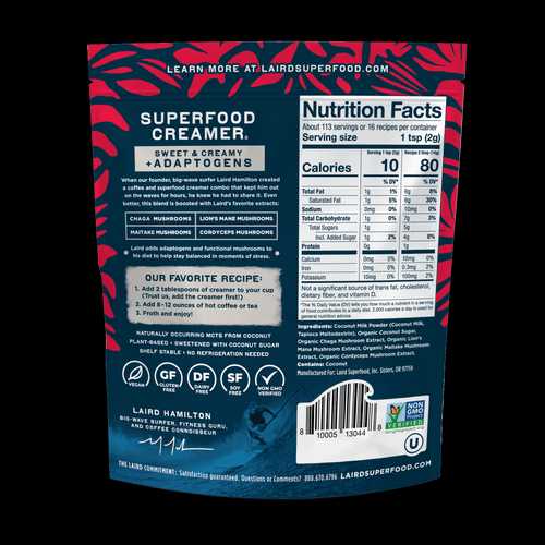 Laird Sweet & Creamy with Adaptogens Superfood Creamer in 227g jar, featuring a creamy texture and adaptogenic ingredients.