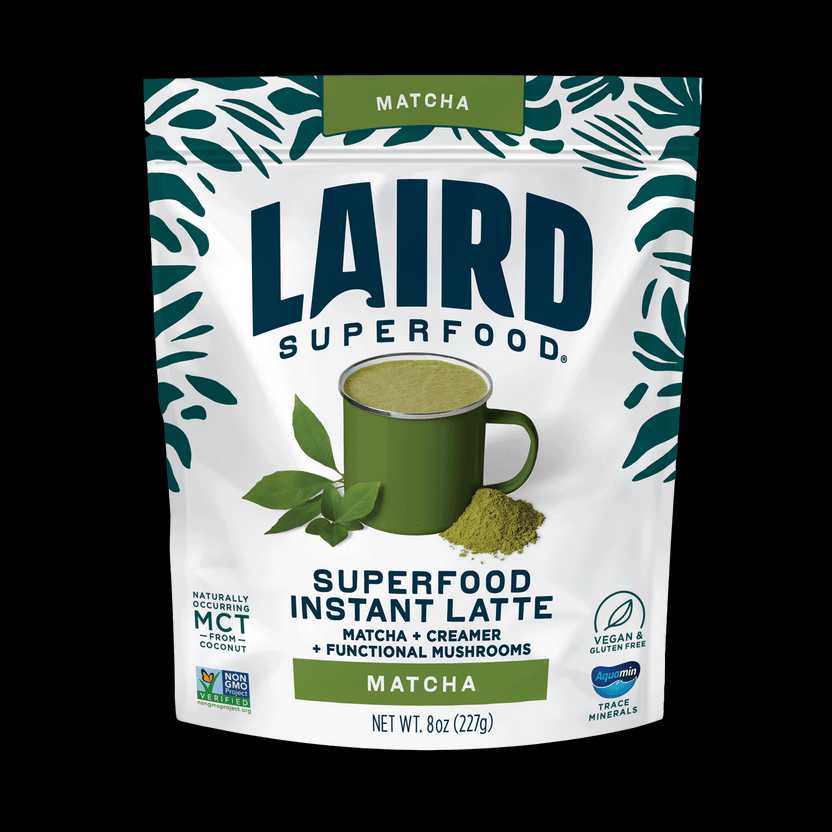 Laird Matcha Instant Latte with Adaptogens from Organax Ltd, 227g jar with green tea powder and latte mix inside.