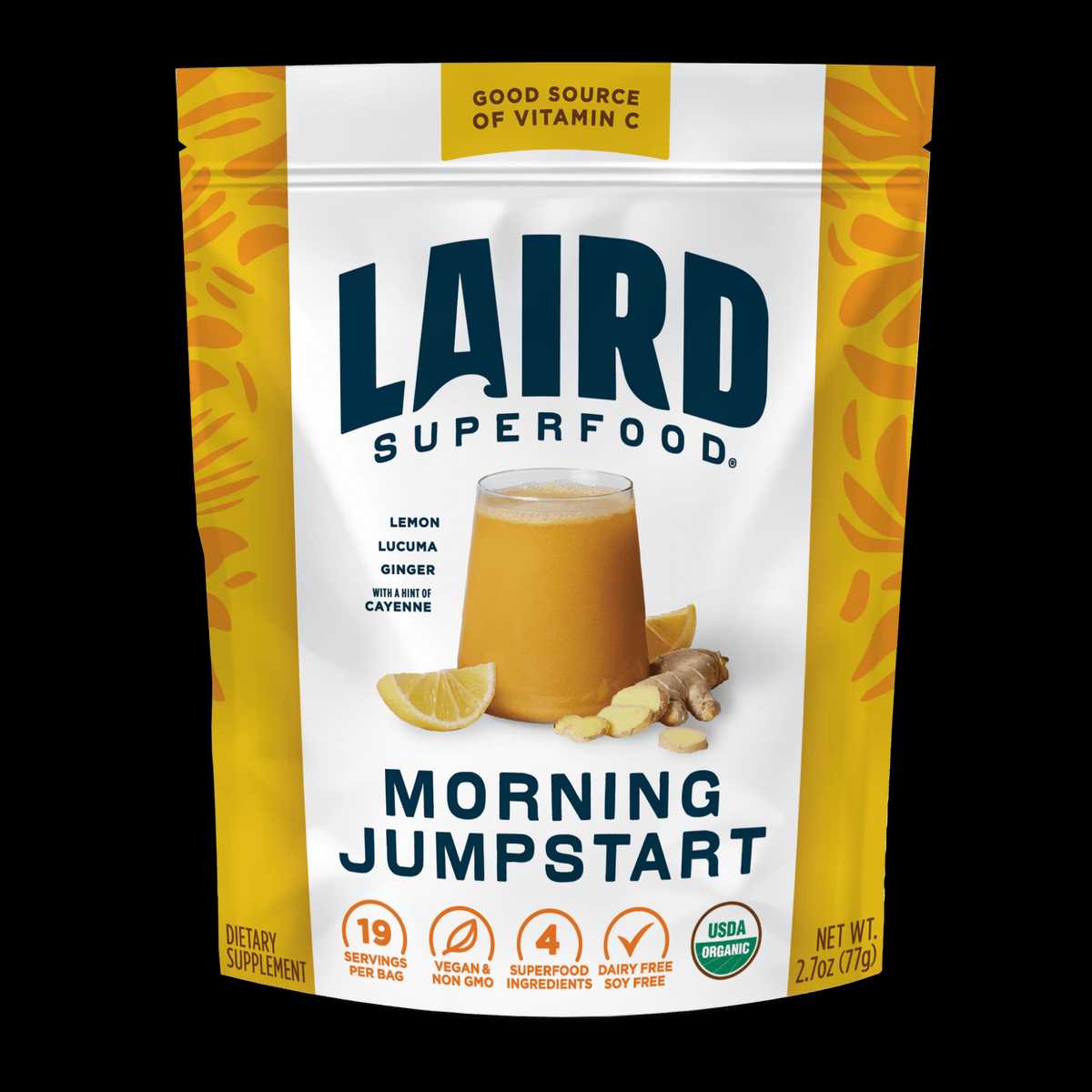 Organic Laird Morning Jumpstart powder by Organax Ltd in a 77g jar, showing the product packaging with the label visible.