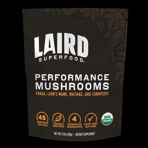 Organic performance mushrooms from LAIRD by Organax Ltd in a 90g package, shown in a close-up image.