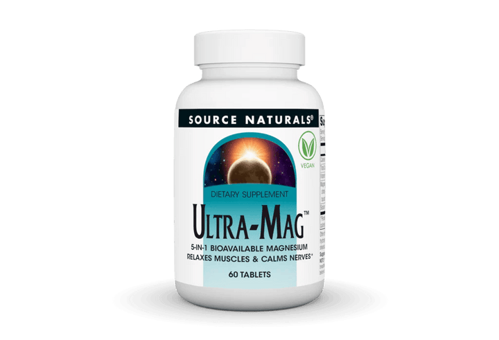 Source Natural Ultra-Mag™ 5-in-1 Bioavailable Magnesium supplement bottle with 60 tablets by Organax Ltd.