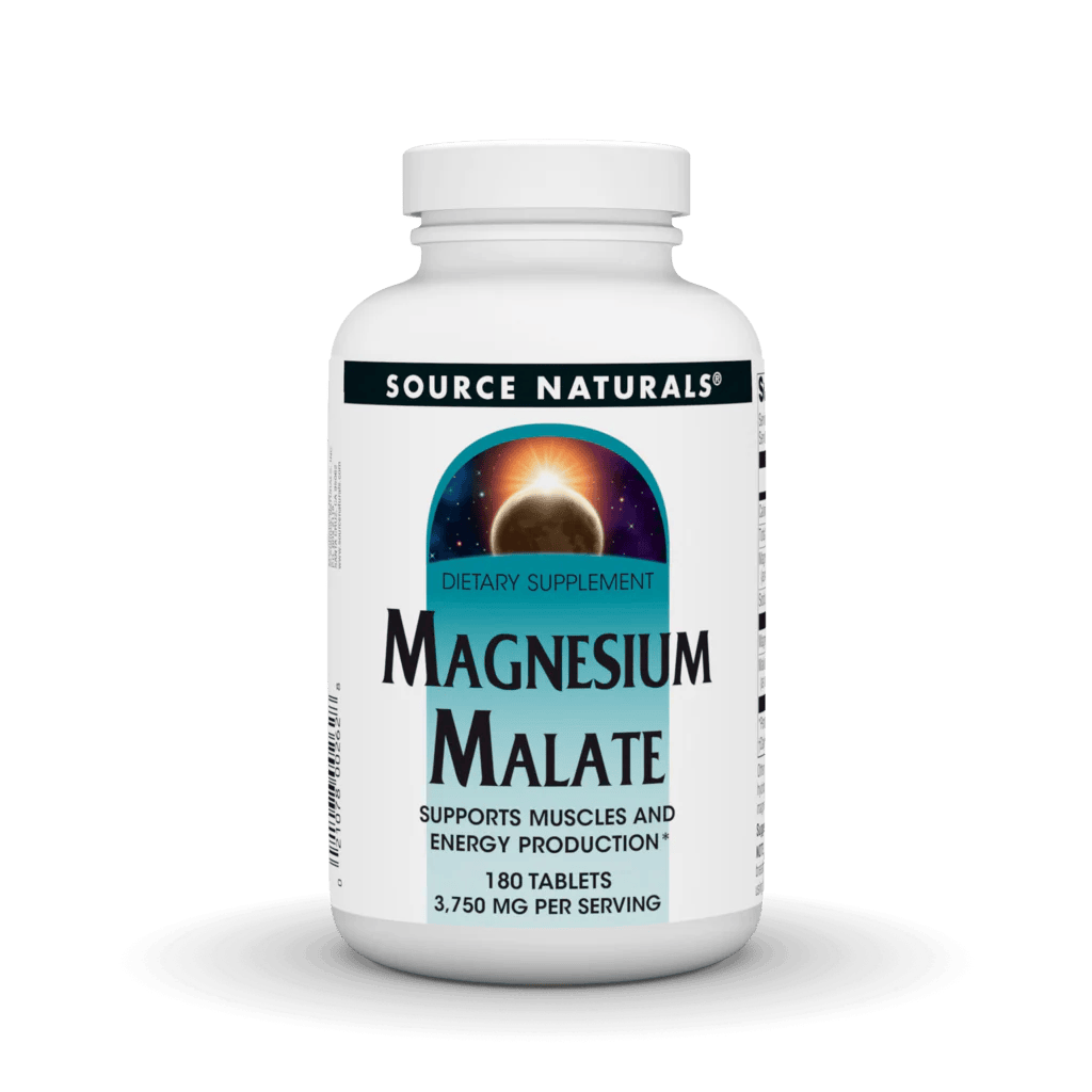 Bottle of Organax Ltd magnesium malate 1250 mg dietary supplement with 90 tablets, showing the supplement label and tablets inside the bottle.