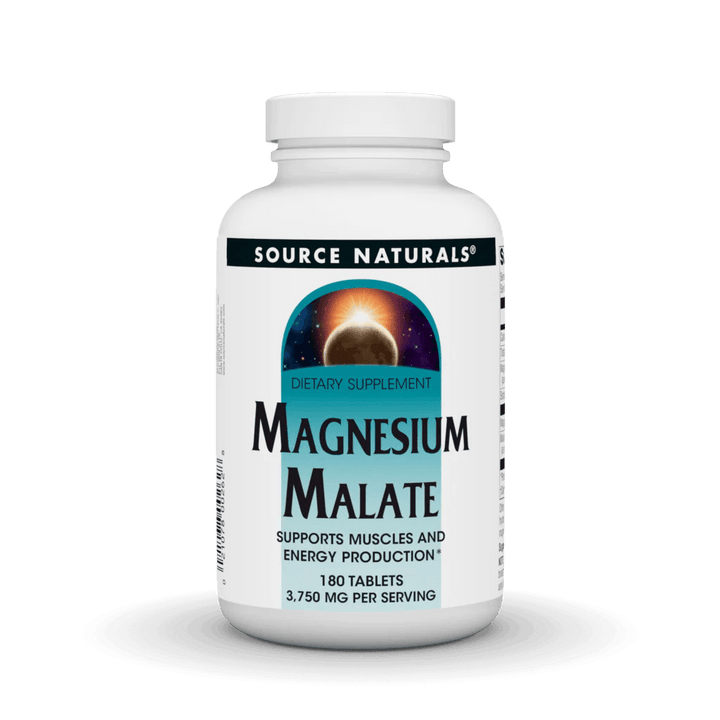Bottle of Organax Ltd magnesium malate 1250 mg dietary supplement with 90 tablets, showing the supplement label and tablets inside the bottle.