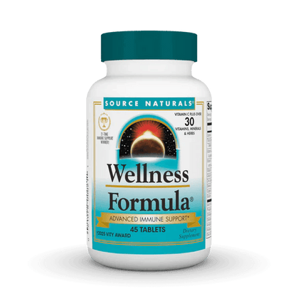 Source Natural Wellness Formula by Organax Ltd, 45 tablets, showing the supplement bottle with label and tablets inside.