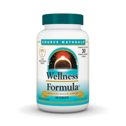 Source Natural Wellness Formula tablets by Organax Ltd, showing a bottle of 90 dietary supplement tablets on a white background.