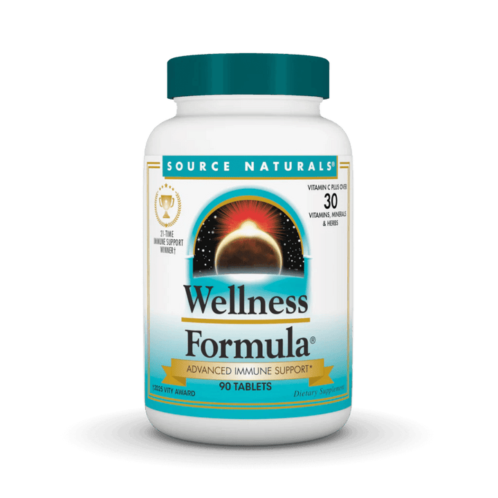 Source Natural Wellness Formula tablets by Organax Ltd, showing a bottle of 90 dietary supplement tablets on a white background.