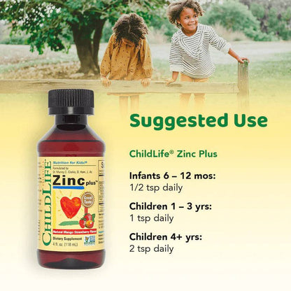 Childlife Essentials Liquid Zinc Plus Mango Strawberry supplement bottle with colorful gummy vitamins for children.