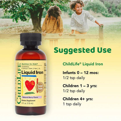 Childlife Essentials Liquid Iron supplement in a 118ml bottle, displayed with colorful multi-vitamin gummies nearby.