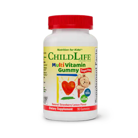 Childlife Essentials strawberry lemon flavored multi-vitamin gummies for children, shown in a colorful bottle.