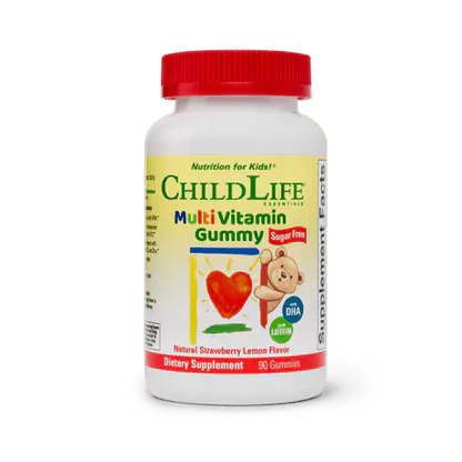 Childlife Essentials strawberry lemon flavored multi-vitamin gummies for children, shown in a colorful bottle.