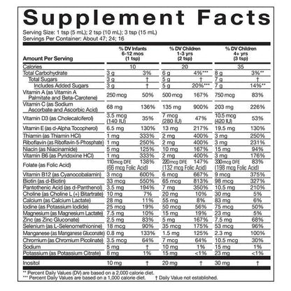 Childlife Essentials children's multivitamin and mineral supplement in a 240ml glass bottle, showing supplement facts and nutritional info.