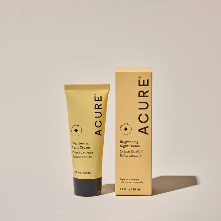 ACURE Brightening Night Cream in 50ML tube and box, hydrating skincare product by Organax Ltd for glowing skin overnight