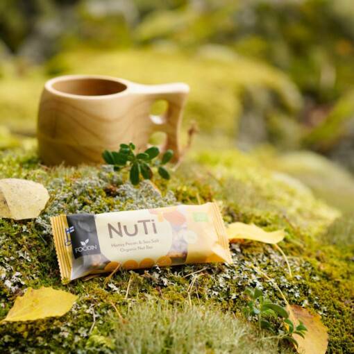 Organic NUTI Honey Pecans with Sea Salt by Organax Ltd, 35g pack, showing glazed pecans with sea salt on a white background.