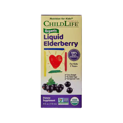 Childlife Essentials Organic Liquid Elderberry in 118ml bottle, natural supplement with dark purple elderberry syrup.