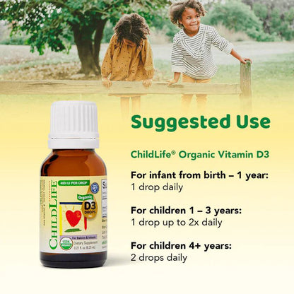 Organic Childlife Essentials Vitamin D3 for babies and infants in a 6.25ml bottle, providing essential vitamin D supplement for young children