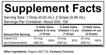 Childlife Essentials organic Vitamin D3 supplement for babies and infants in a 6.25ml bottle, with supplement facts label visible
