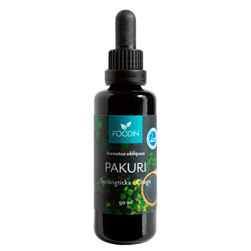 Finnish Chaga tincture in a 50ml bottle by Organax Ltd, showing the herbal extract with a dark liquid in a glass dropper bottle.
