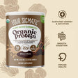 Four Sigmatic organic plant-based protein powder with mushroom and creamy cacao flavor, 600g container, showing the product packaging.