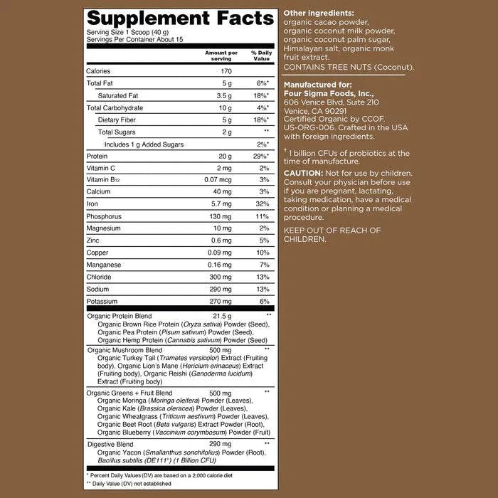 Organic Plant Based Protein with Mushroom Creamy Cacao 600g - Organax Ltd