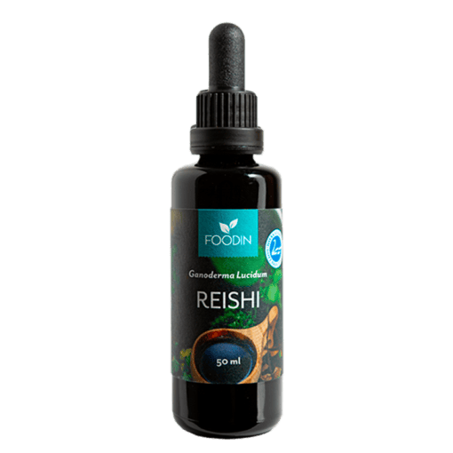Finnish Reishi Tincture in a 50ml dark glass bottle, produced by Organax Ltd, with a dropper cap and herbal label.