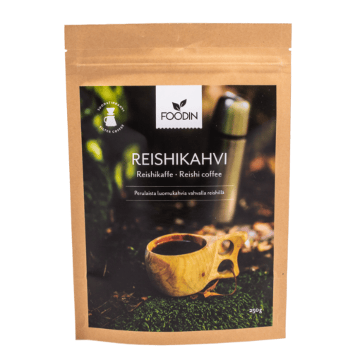 Reishi coffee in 250g package by Organax Ltd, showing a brewed cup with Reishi mushroom coffee grounds and related packaging.