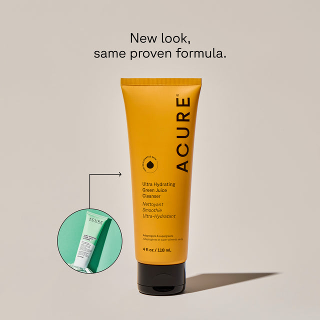 Before and after images showing the ACURE Ultra Hydrating Green Juice Cleanser by Organax Ltd, highlighting skin resurfacing results.