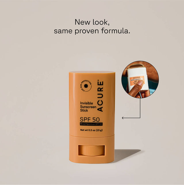 Invisible Sunscreen Stick SPF 50 by Organax Ltd, showing before and after application on skin, 15g compact for face protection.