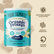 Vanilla plant-based protein powder with mushroom benefits from Four Sigmatic, shown in a 600g container on a neutral background.