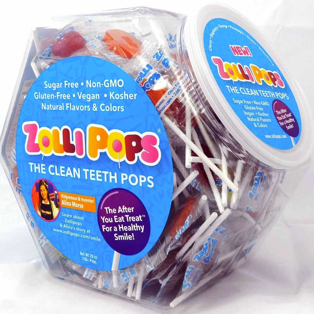 Assorted Zollipops Original Clean Teeth Sugar Free Candy in large hex-shaped jar by Organax Ltd, 29 oz (822g).
