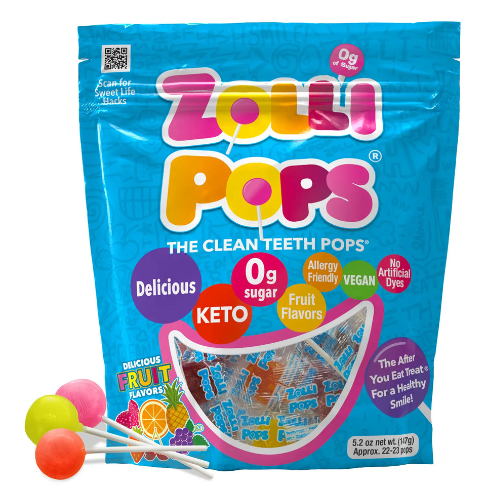 Assorted fruit-flavored Zollipops sugar-free lollipops in a 147g (5.2oz) package, featuring colorful pops on sticks.