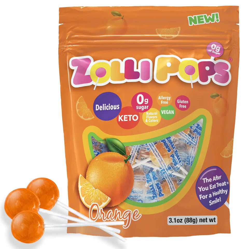 Orange Zollipops sugar-free lollipops by Organax Ltd, superfood treat in 88g package, colorful orange lollipop on a stick.
