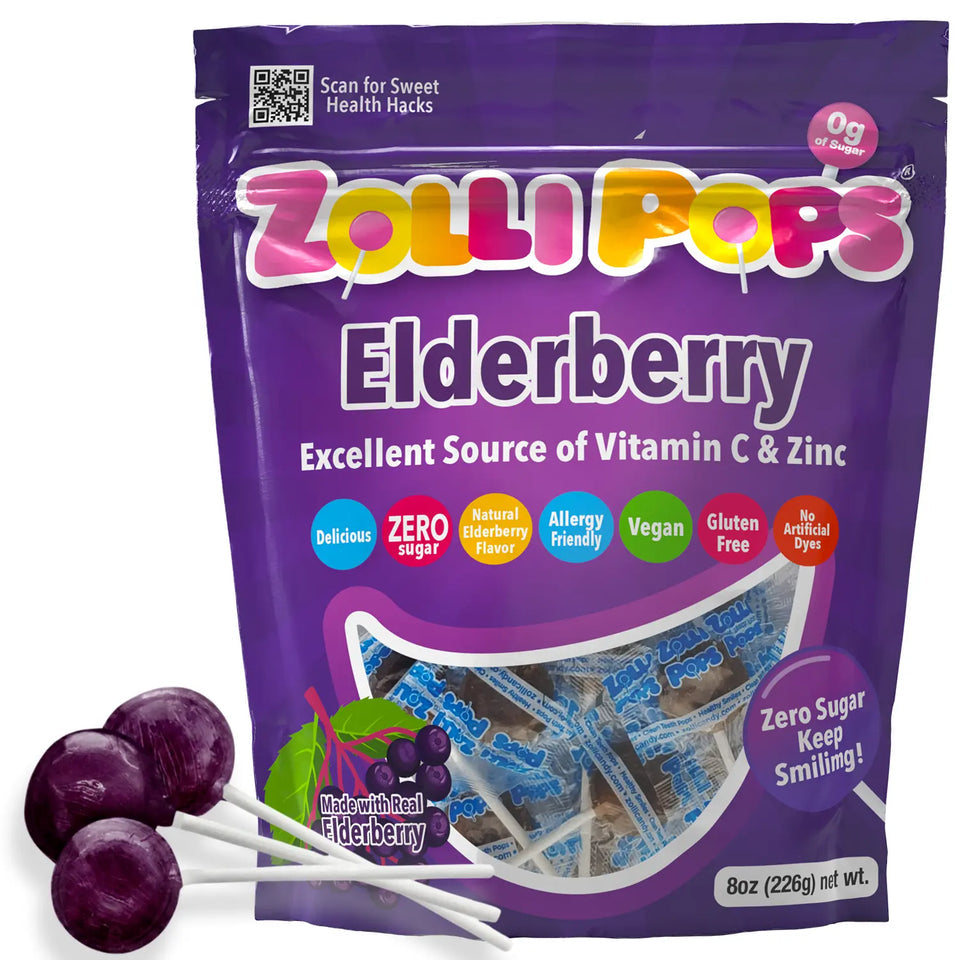 Zollipops Elderberry sugar-free lollipops with vitamin C and zinc in an 8oz package, healthy superfood treat by Organax Ltd.