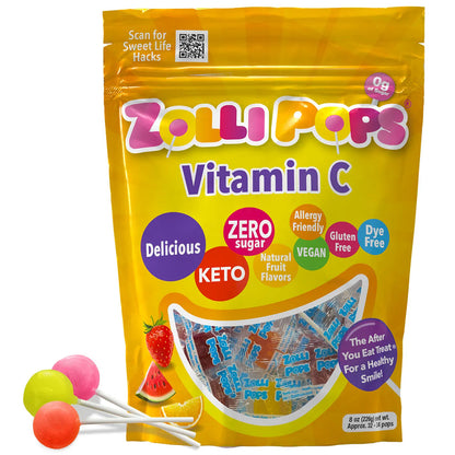 Assorted fruit Zollipops Vitamin C sugar-free lollipops in 8oz package from Organax Ltd, featuring colorful fruit-flavored candies