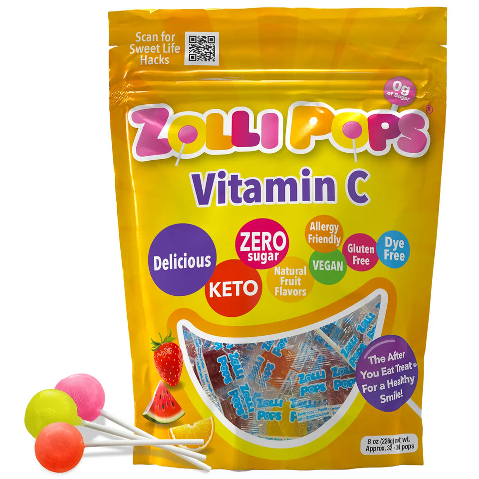 Assorted fruit Zollipops Vitamin C sugar-free lollipops in 8oz package from Organax Ltd, featuring colorful fruit-flavored candies