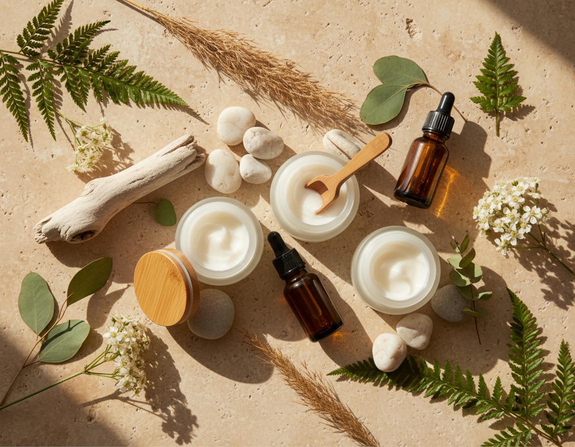 Botanical skincare and wellness products arranged with leaves and natural ingredients