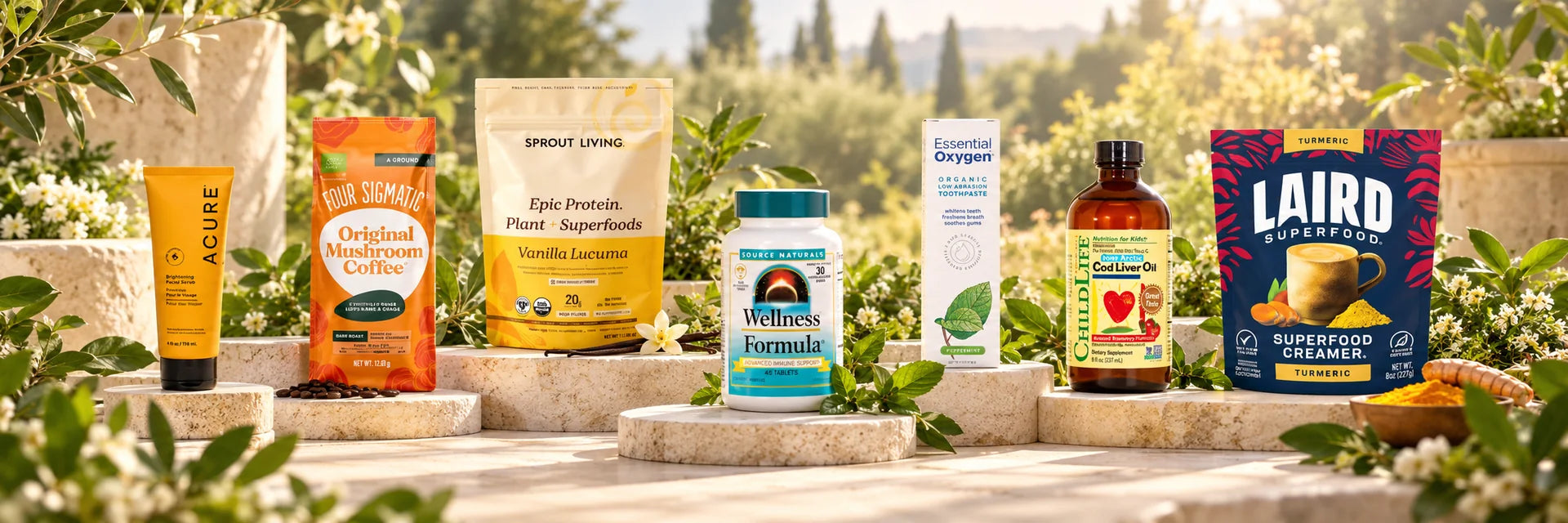 ACURE, Four Sigmatic, Sprout Living, Source Naturals, Essential Oxygen, ChildLife and Laird products in a sunlit garden